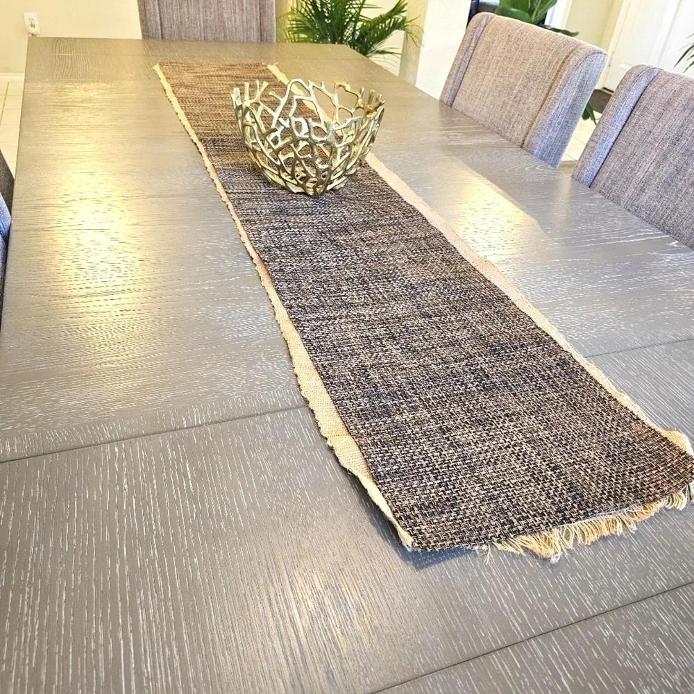 VINTAGE 2 piece Runner Tan Burlap w Fringe & Brown Weave. 72
